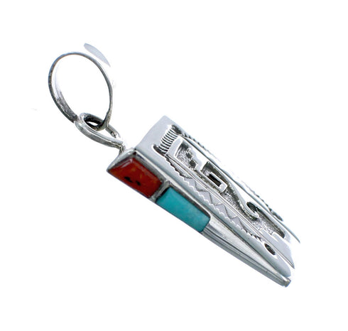 Navajo Turquoise And Coral Sterling Silver Pendant NX11689